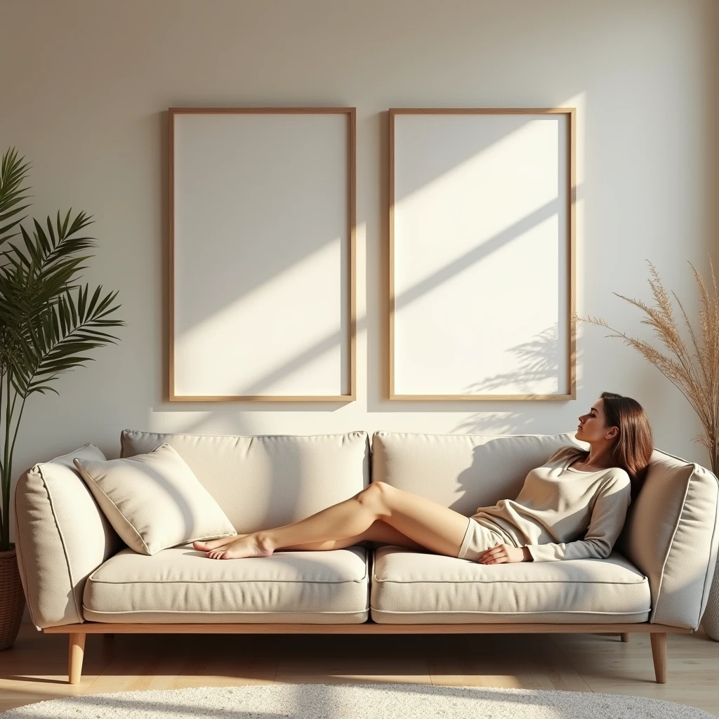 A hyper-realistic HDR interior scene featuring a cozy living room with warm, natural lighting. The focus is on two vertical DIN A frames with sleek white borders, each with a blank canvas (no designs), hanging on a wall above a modern, stylish sofa. A relaxed woman dressed in neutral tones is lounging on the sofa, adding an elegant and sophisticated touch to the scene. The overall atmosphere is serene and inviting, emphasizing the blank canvases in a home decor setting