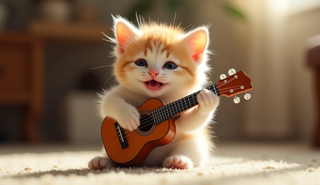 there is a kitten, aww, cute and adorable, catminiature kitten, cute and lovely, cute cats, smiling, laughing, beautiful and cute, incredibly cute, adorable and cute, aww, ultra realistic!!!, ultra realistic picture, kittens, cute and cuddly, adorably cute, beautiful and realistic, play ukulele, cute adorable.