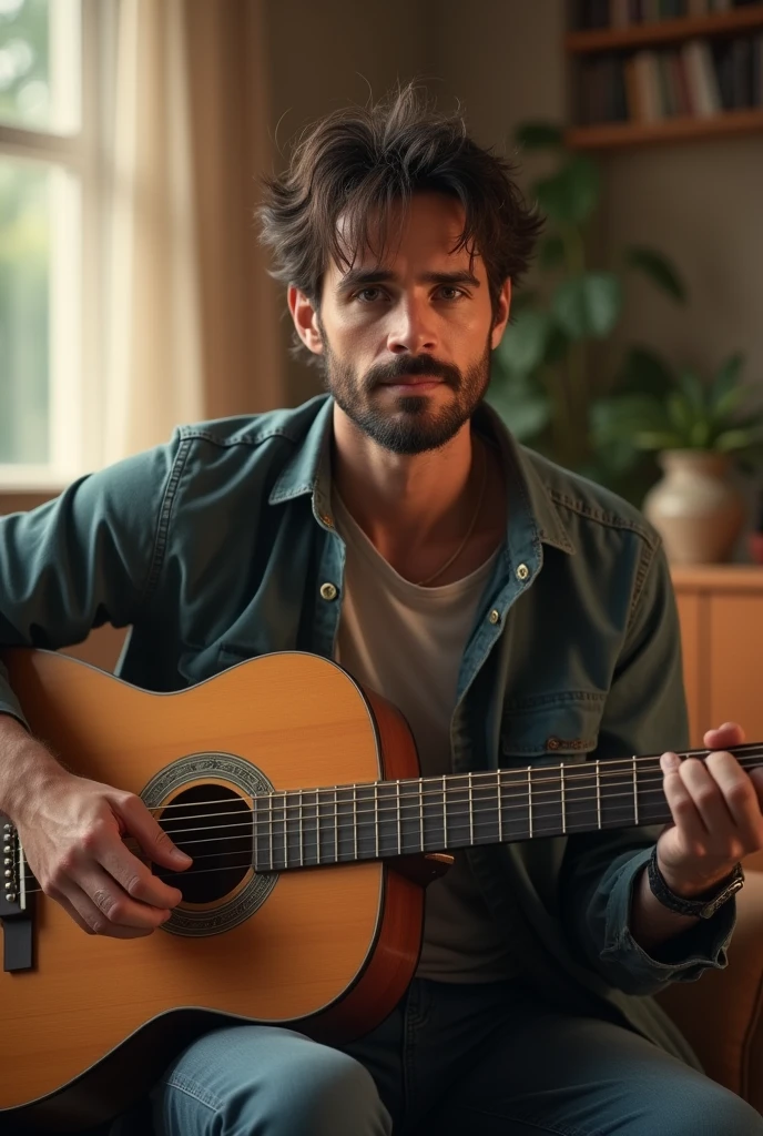 new man, Oval face, little beard, disheveled hair, sitting in the living room with guitar Maximum realistic image
