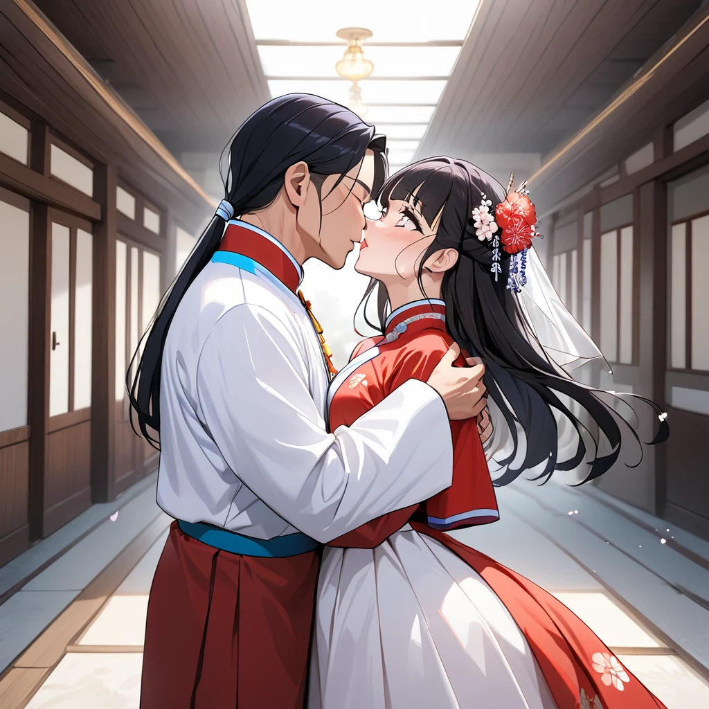 ((Highest quality)), ((masterpiece)), (detailed), (Perfect Face)、The woman is Reika Aoki with semi-long hair、The woman is wearing a North Korean traditional traditional dress and is holding a kiss and vows with a middle-aged North Korean man to get married.