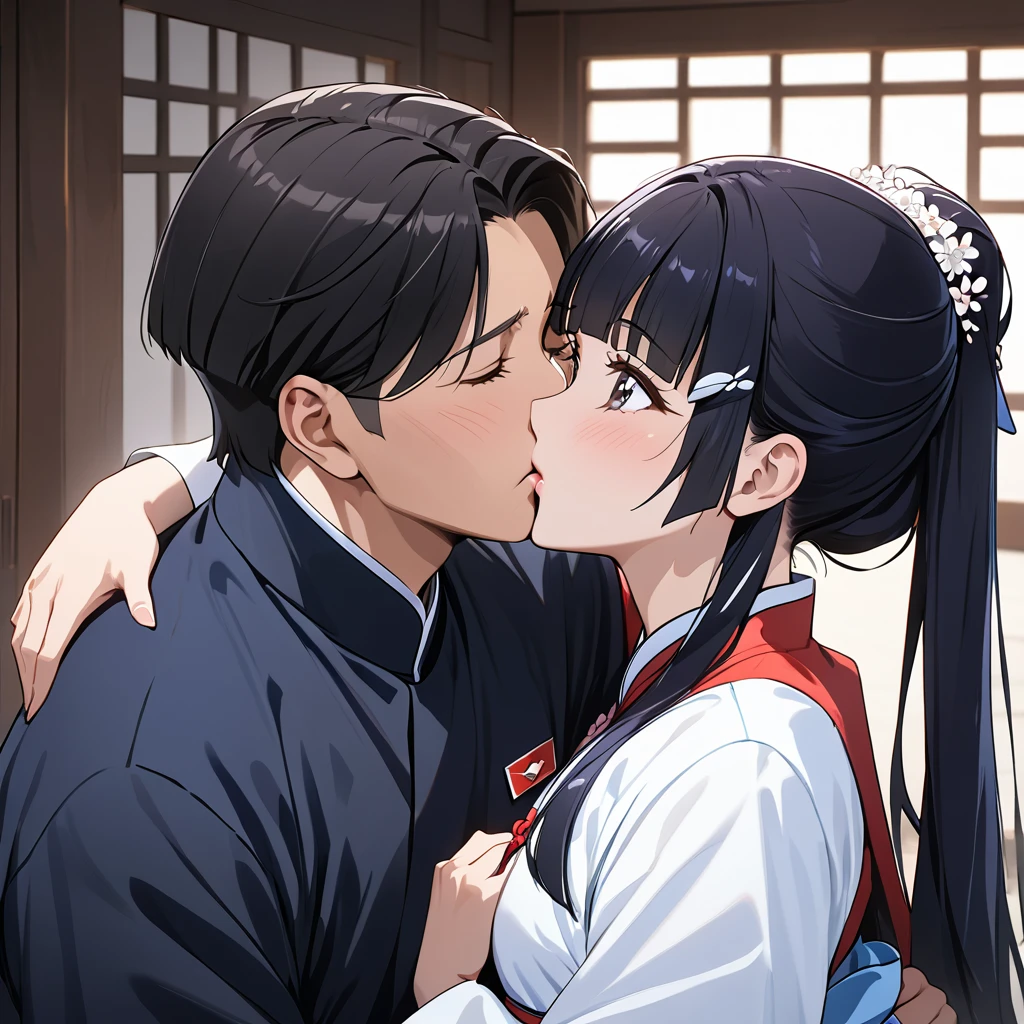 ((Highest quality)), ((masterpiece)), (detailed), (Perfect Face)、The woman is Reika Aoki with semi-long hair、The woman is wearing a North Korean traditional traditional dress and is holding a kiss and vows with a middle-aged North Korean man to get married.