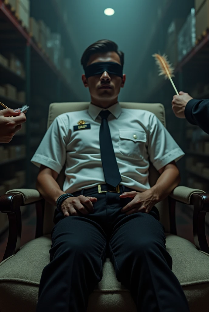 Malaysia malay handsome 19 years steward
His hand tied up in warehouse
Blindfolded
Hand handcuff
Steward Outfit
feet on desk
feather duster
shoes on desk
5 toes each feet
Black sock
2 man holding feather duster tickle his feet