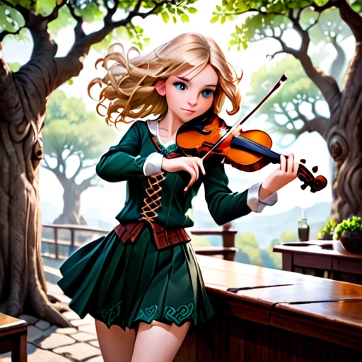 work of art,absurd resolution,8k,1 halfling girl,hair blonde,freckles,Celtic clothing,glad,beautiful hands,at the bar,violin, tree, adventurous, exploring