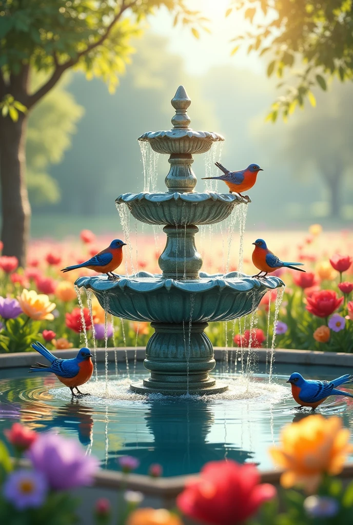 Water fountain with blue and red birds bathing in the background a flower field