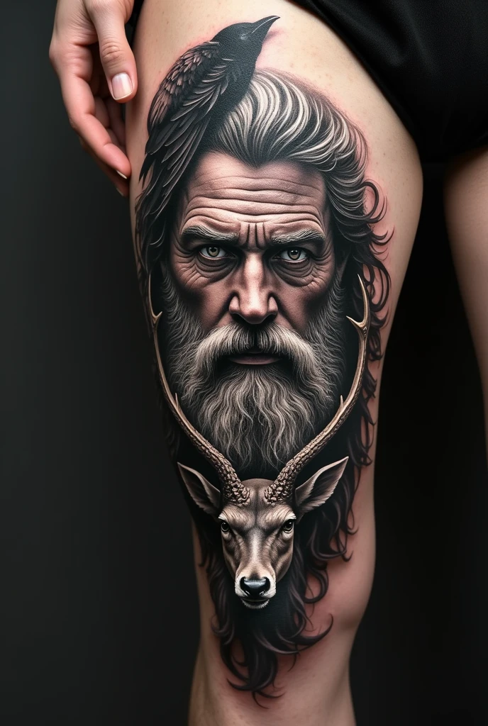 Create a tattoo covering the entire thigh with the face of Zeus like Odin in the middle, in the realistic style in black and gray, with a raven above Odin's head and the stag below.