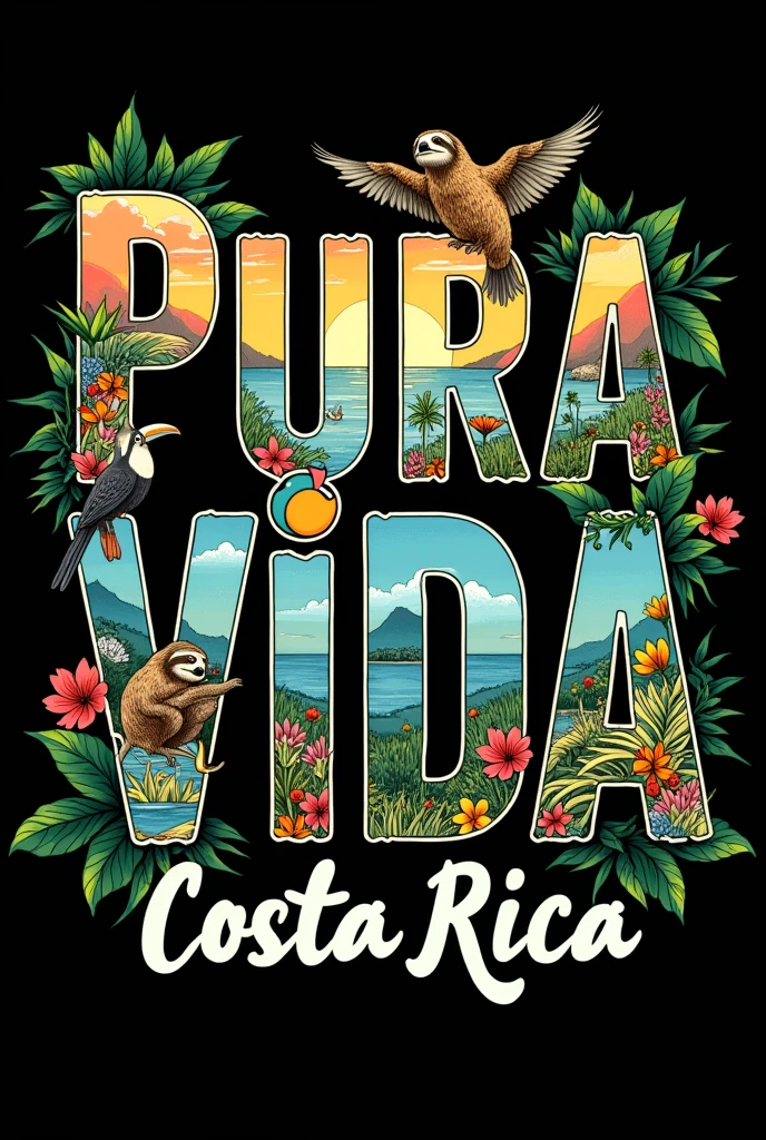 Image to print a shirt that says PURA VIDA but the background of the letter is representative animals of Costa Rica and below in a thinner and smaller letter that says Costa Rica( Landscapes and animals must be within the letters that say pure life, They cannot protrude or go beyond the edges of the letters and they have to be real.)
And I need the background of the image to be black