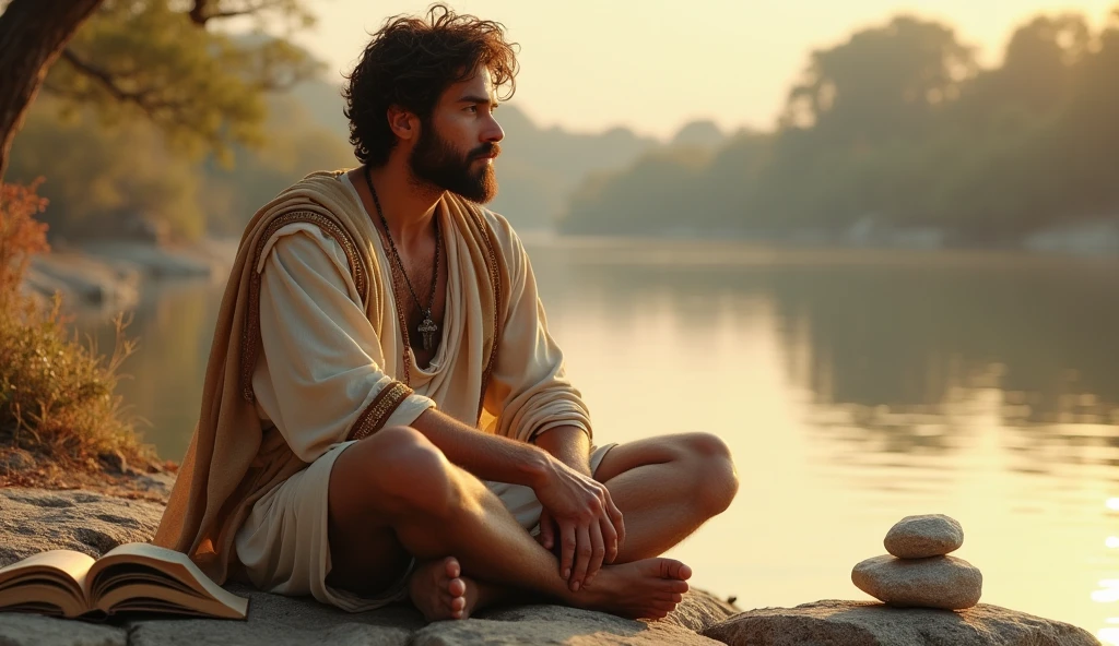 A young, handsome Stoic philosopher with a well-proportioned and attractive physique, sun-kissed skin, very short and well-trimmed beard, and wavy and well-styled hair. He is dressed in classic tunics in soft earthy tones - gray, brown, and olive green - with subtle gold and copper details, which fall gently on his body, subtly revealing his shoulder. The philosopher is depicted in a serene and balanced natural setting, such as a tranquil landscape or an open, sunlit clearing. He is in a contemplative pose, sitting or standing calmly, surrounded by elements symbolizing clarity and equilibrium, such as open books, balanced stones, or gentle flowing water. The environment reflects harmony between reason and emotion, emphasizing a peaceful connection with the truth. The scene is rendered with a focus on light and clarity, capturing a serene atmosphere and the philosopher’s introspective expression, showcasing his embrace of a balanced perspective.