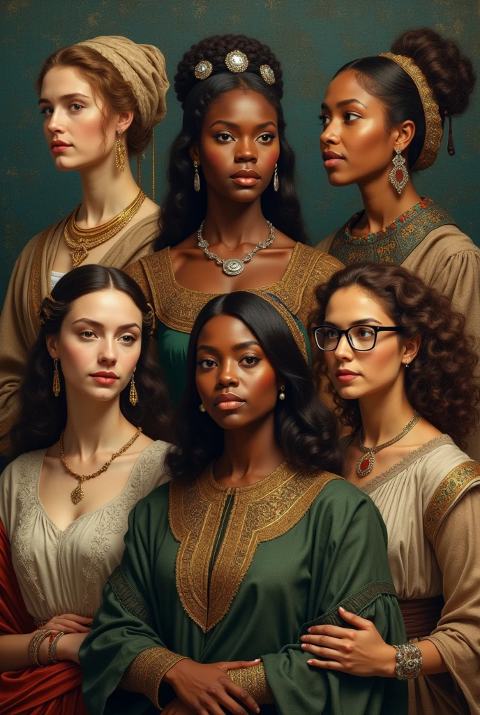 Generate an attractive image about: women's faces: the women who shaped the history of mathematics. Show women who represent Greek culture, Egyptian, American culture as a black woman, European culture being a 50 year old woman, a woman wearing glasses in contemporary clothing.