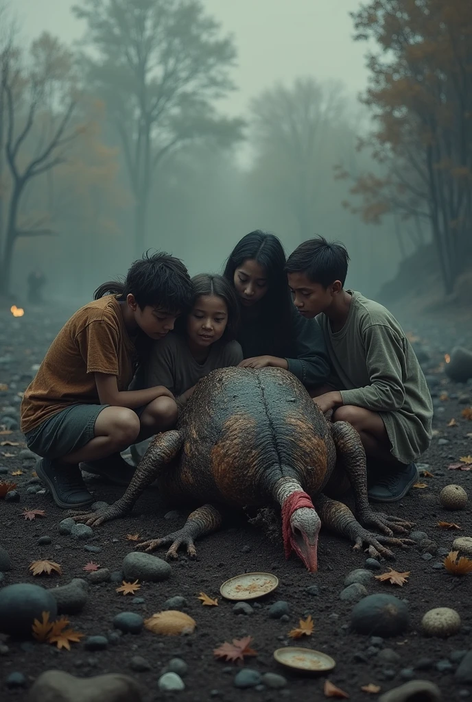 Create Turkey in ashes with a sad family