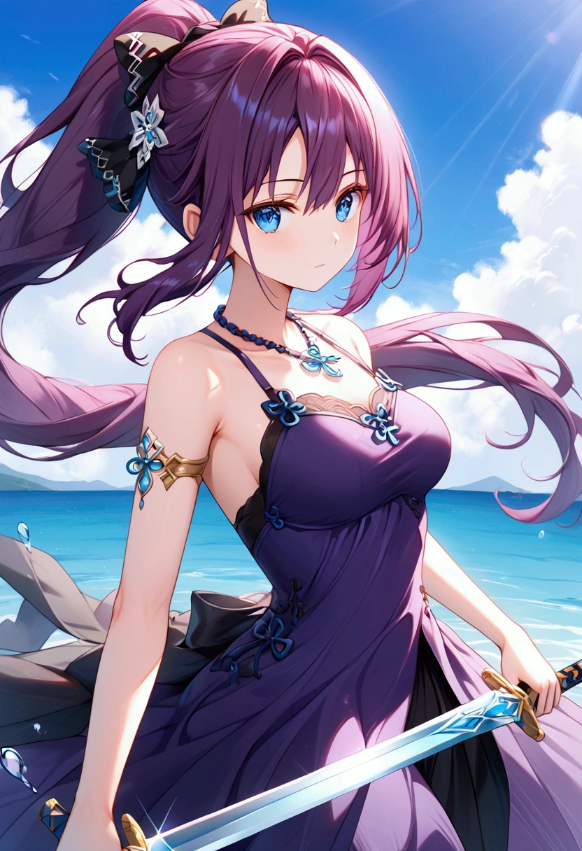 a beautiful woman with long purple hair and blue eyes holding sword in her hand, in the style of light aquamarine and magenta, dark magenta and light zure, chinese fantasy art, chinese mythology, chinese art, sword, weapon, ponytail, jewelry, dress, hair ornament, long hair, purple hair, blue sky, necklace, water, purple dress, panoramic shot, duotone silver color grading, chromatic aberrations, dragon genre(eye arts:0.7)(eyes arts:0.7)(uhd 4k eye:1.3)(detailed:1.2)(better hand:1.5)pt411