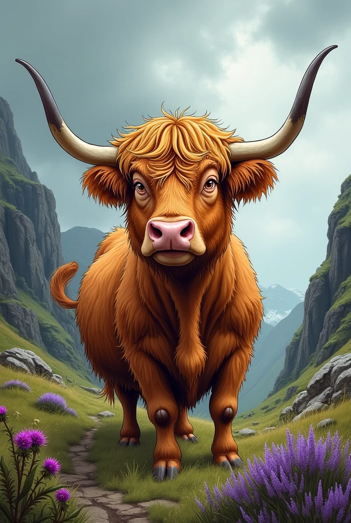 I want you to create a caricature drawing style of donald trump as a highland cow
