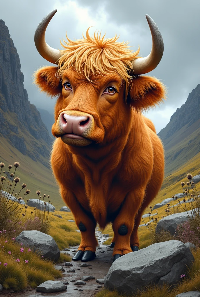 I want you to create a caricature drawing style of donald trump as a highland cow