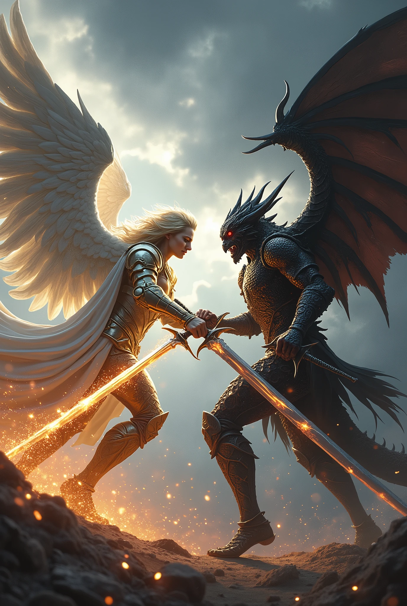 of a fight, of a heavenly warrior, in white armor with gold details and a long sword and angel wings. against a dark warrior in dragon armor with a long, dark sword, and with dragon wings on the back and red eyes: