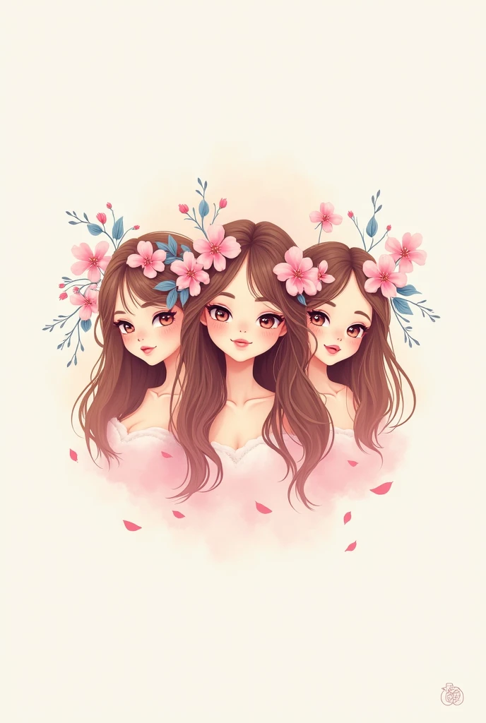 Design logo "BlossomBops🌸" name with three blossom girl flowers, really pretty girls with flowers in their hair