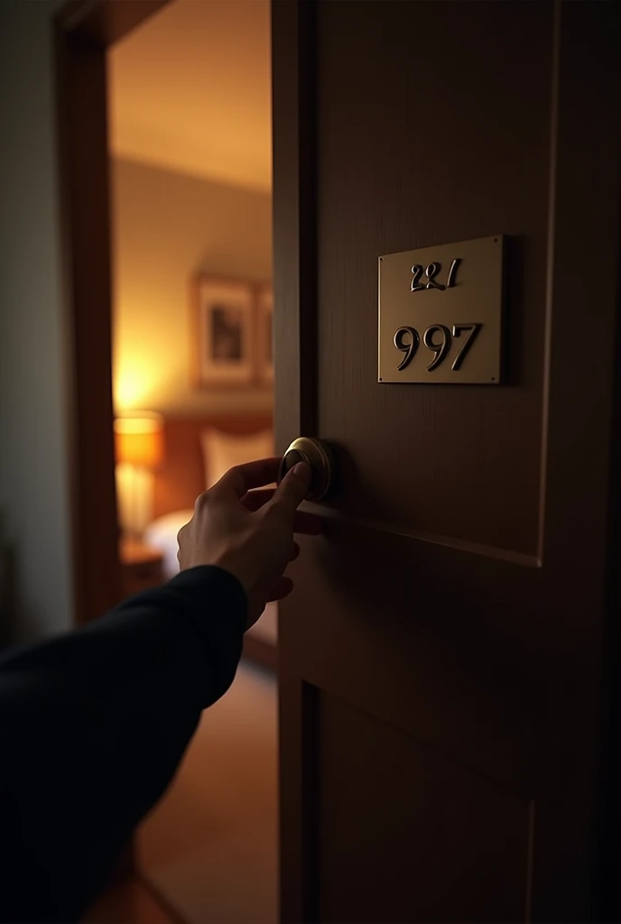 POV opening a hotel room door while showing the room number on the wall