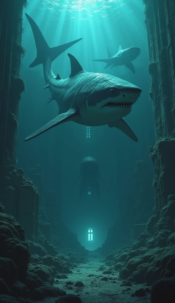 "Create a dark, underwater scene where ancient, colossal sharks swim around the ruins of a forgotten city deep in the ocean. The city should have eerie, glowing structures with intricate designs, hinting at a once-powerful empire. The sharks are massive, with sharp, menacing features and eyes that seem to hold ancient wisdom and power. The atmosphere should be ominous, with a sense of something both awe-inspiring and terrifying lurking in the depths.(CLOUS UP )