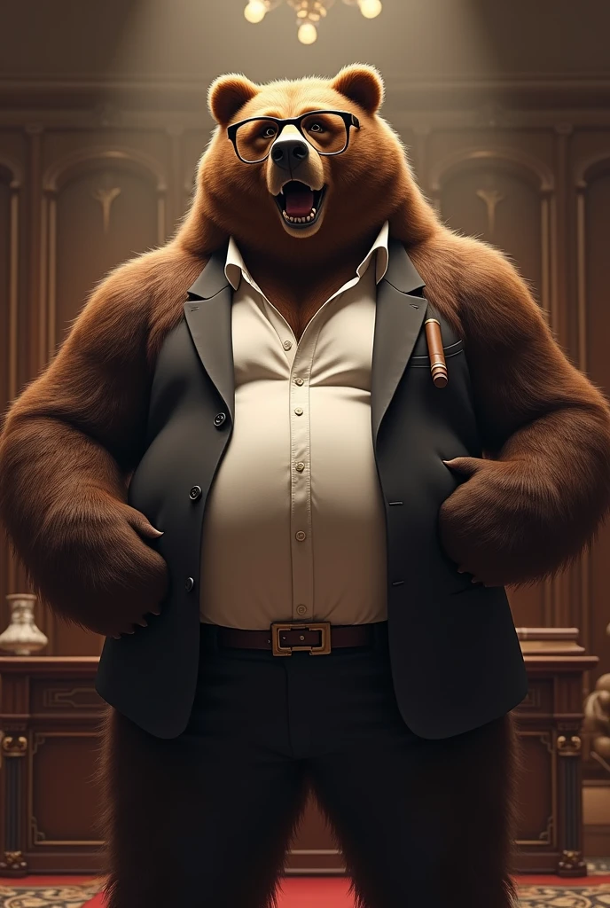 Fat hairy bear anthro holding his big belly while laughing, office of the beginning, fleshy hands, tight suit, Buttoned fitted shirt, standing in front of his desk, detailed light brown eyes, dark brown fur, thick arms, thick legs, chubby face, thick neck, Glasses, maduro, majestic