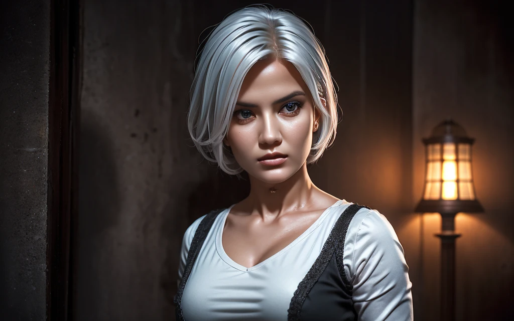 A woman with pastel white hair, black eyes, wearing black ninja clothes, perfect anatomy, realistic, best composition, cinematic lighting, highly detailed, photorealistic, 8k, masterpiece, elegant, graceful, powerful, dynamic pose, moody atmosphere, dramatic shadows, vibrant colors, chiaroscuro, cinematic composition, mesmerizing gaze, striking portrait