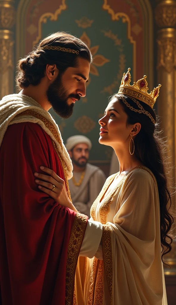 Make a picture of a young Jewish girl representing Esther and a king representing King Ahasuerus placing the crown on her head. 