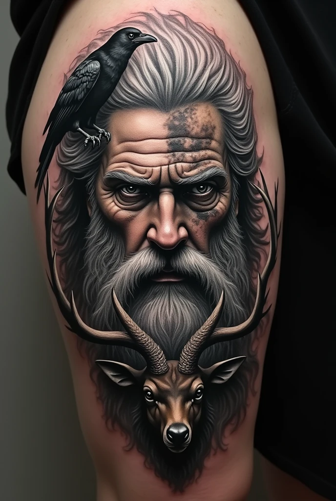 Create a tattoo covering the entire thigh with the face of Zeus like Odin in the middle, in the realistic style in black and gray, with a raven above Odin&#39;s head and the stag below.