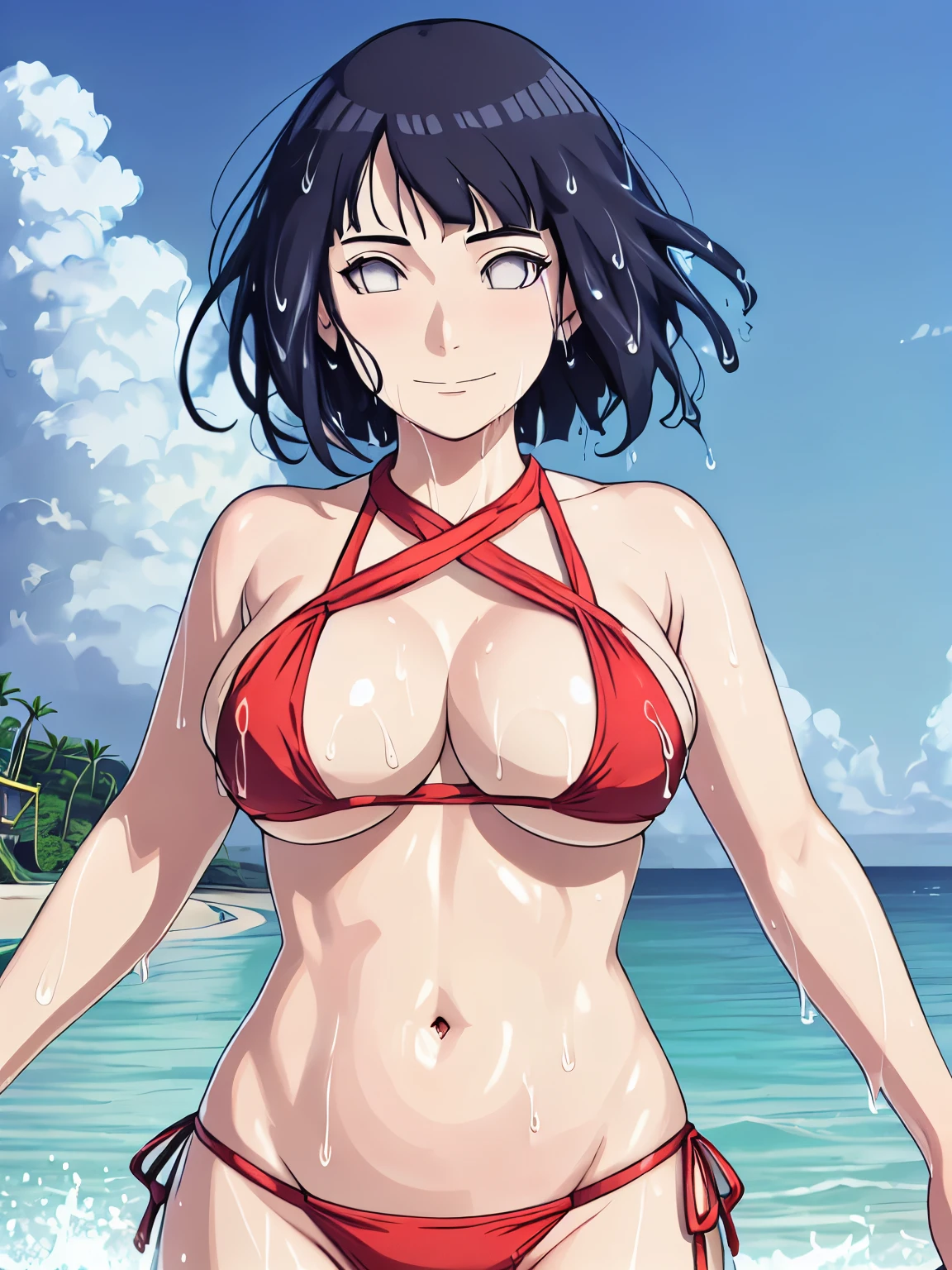 (hinata\(boruto\), (high quality:1.8), upper body:1.5, (curvy body:1.5), (detailed wet:1.4), (ultra detailed body:1.4), (one ARM UP:1.4), (beach:1.7), (anime, tall woman, cowboy shot, (defined biceps arms:1.2), ((red thong, bare arms, bare arms, bare shoulders)), (long belly:1.5), (red halter:1.1), (wide shoulders, off-shoulders), smile), ((big breasts:1.0)) ,(cleavage:1.0), closed mouth), ((pale skin)). ((dark blue:1.3, short hair, hime cut، loose hair, floating hair, floating hair:1.0),
