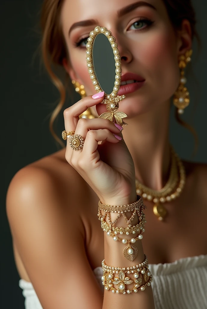 Woman holding a mirror with pearls and a ring, photo of a hand jewelry model, Wearing elegant jewelry, Gold and pearls, exquisite fine details, gold jewelry, gold-plated jewelry, gold jewelry, exquisite details, detailed jewelry, gold jewelry, jewelry beads, elegant and ornate, ornate and elegant, detailed jewelry, gold jewelry, Very detailed and beautiful nails , Elegant and eye-catching nails
