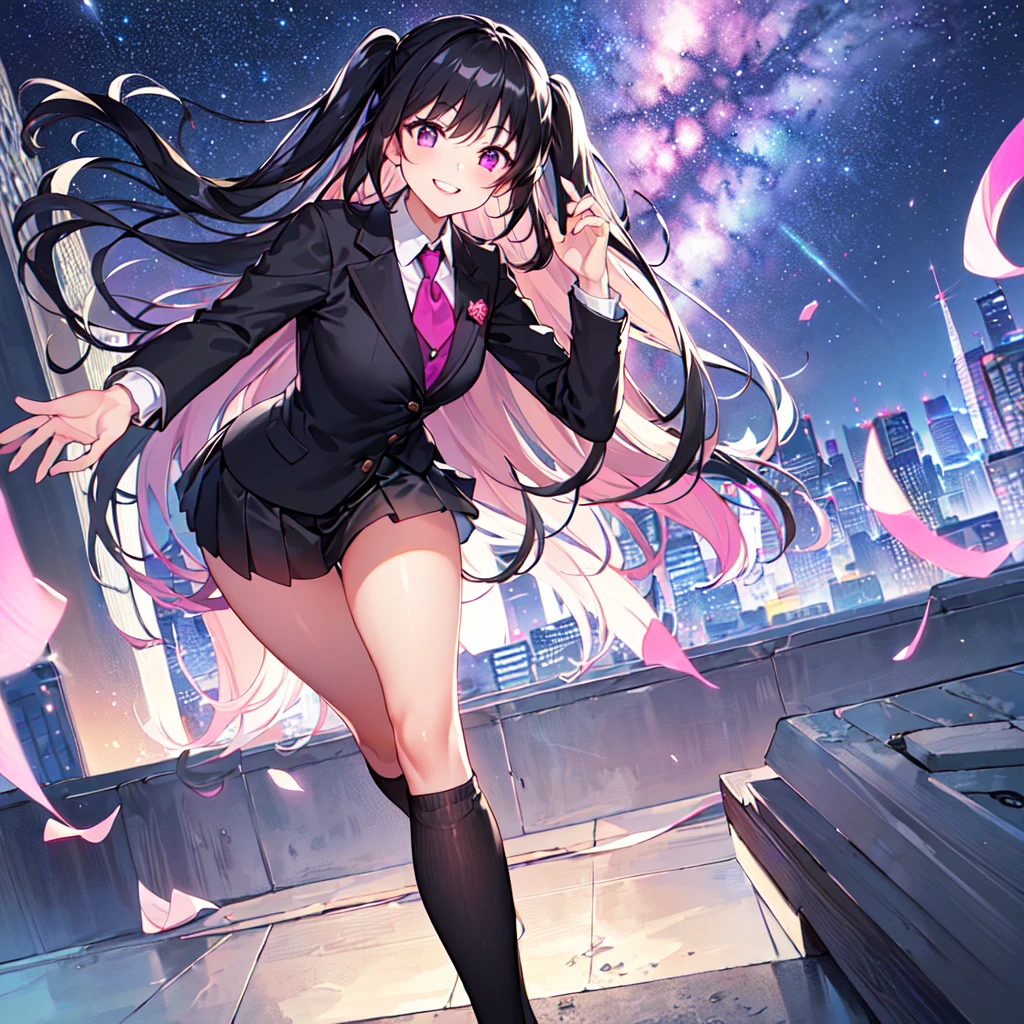 masterpiece, best quality, high quality, extremely detailed, very delicate and beautiful, (1 female 1 solo:1.5), (two side up long black hair:1.5), bangs to eyebrows, eyes sharp and bright (eye color magenta:1.3), 6.5 head height, (office lady in black suit and tight mini skirt:1.3), (knee socks), (lace), (standing), (dynamic pose), (smiling), (background skyscraper rooftop:1.3), (Milky Way Night Sky:1.3)