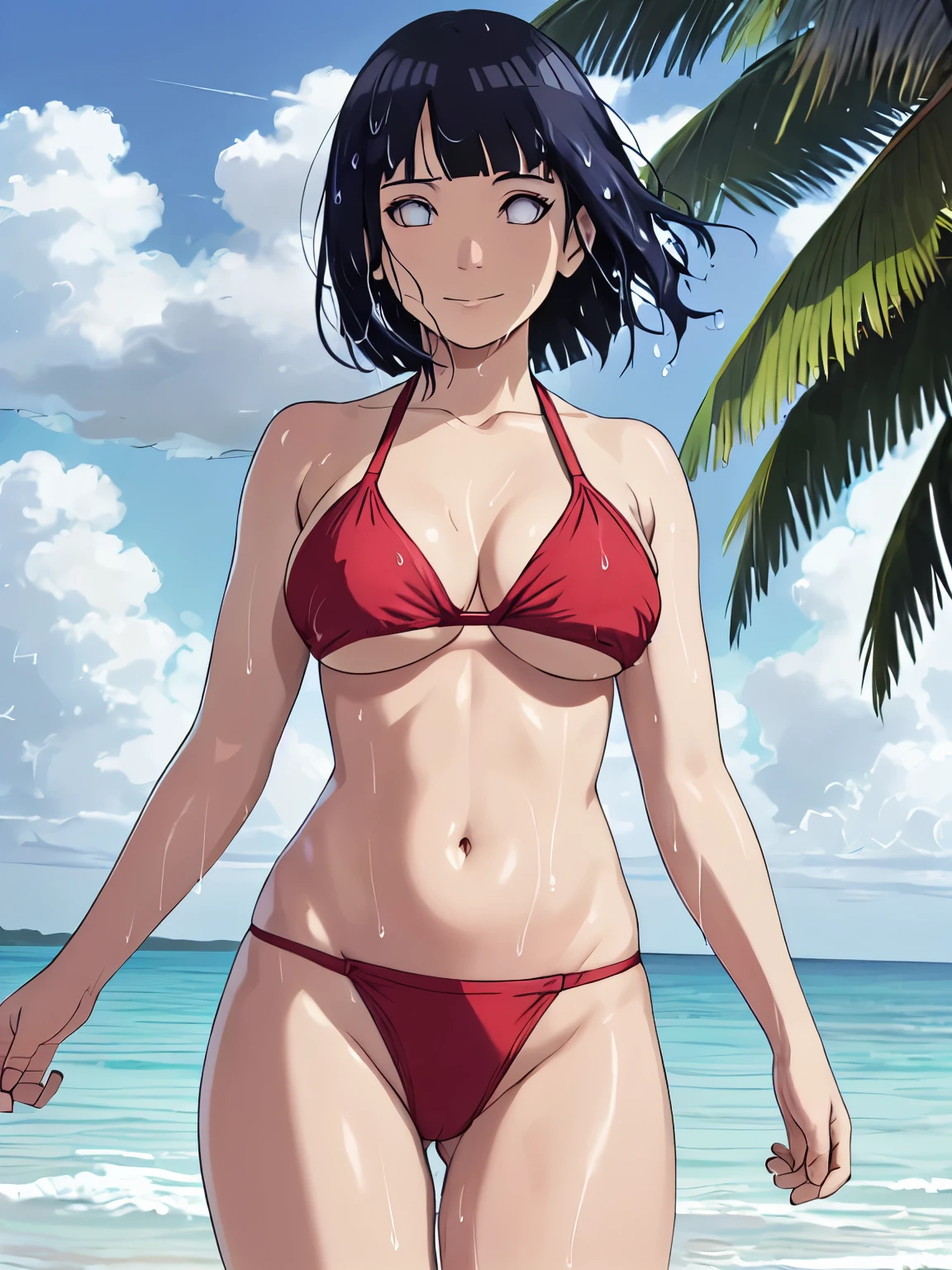 (hinata\(boruto\), (high quality:1.8), upper body:1.5, (curvy body:1.5), (detailed wet:1.4), (ultra detailed body:1.4), (one ARM UP:1.4), (beach:1.7), (anime, tall woman, cowboy shot, (defined biceps arms:1.2), ((red thong, bare arms, bare arms, bare shoulders)), (long belly:1.5), (red halter:1.1), (wide shoulders, off-shoulders), smile), ((big breasts:1.0)) ,(cleavage:1.0), closed mouth), ((pale skin)). ((dark blue:1.3, short hair, hime cut، loose hair, floating hair, floating hair:1.0),