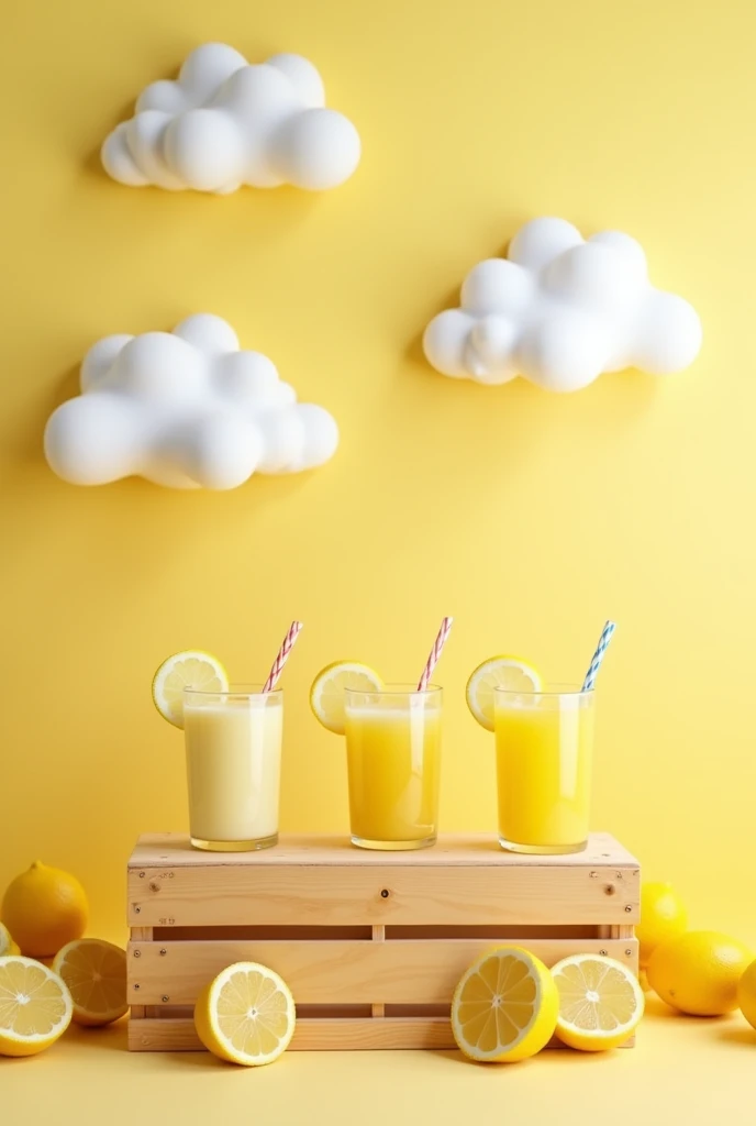 I want to create a photo scenario.  Closed location with photo backdrop for a children&#39;s clothing campaign. a wall with a very light baby yellow color, with a lemonade stand and cloud decoration. lemonades