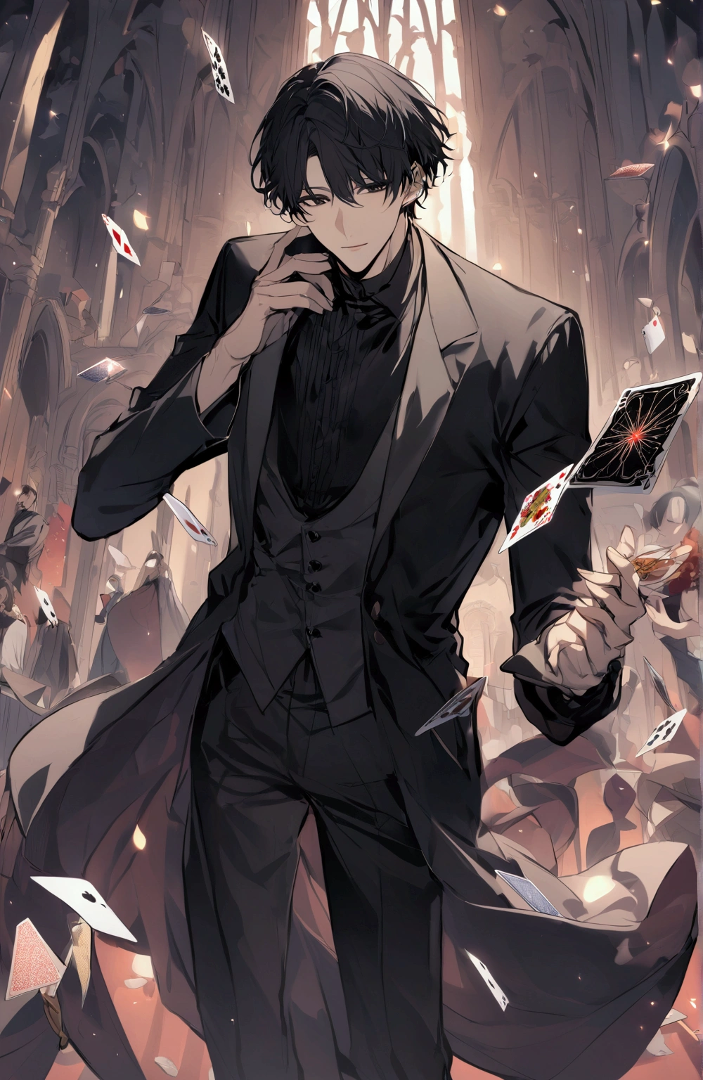 handsome male, short hair, black hair, black eyes, black shirt, black trousers, long white robe, holding a card in one hand , expression relaxing , magician , falling card , There's a woman in arms.