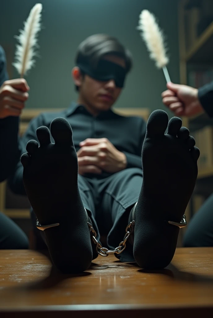 Malaysia malay handsome 19 years steward
His hand tied up in warehouse
Blindfolded
Hand handcuff
Steward Outfit Black Vase
feet on desk
feather duster
shoes on desk
5 toes each feet
Black sock
2 man holding feather duster tickle his feet