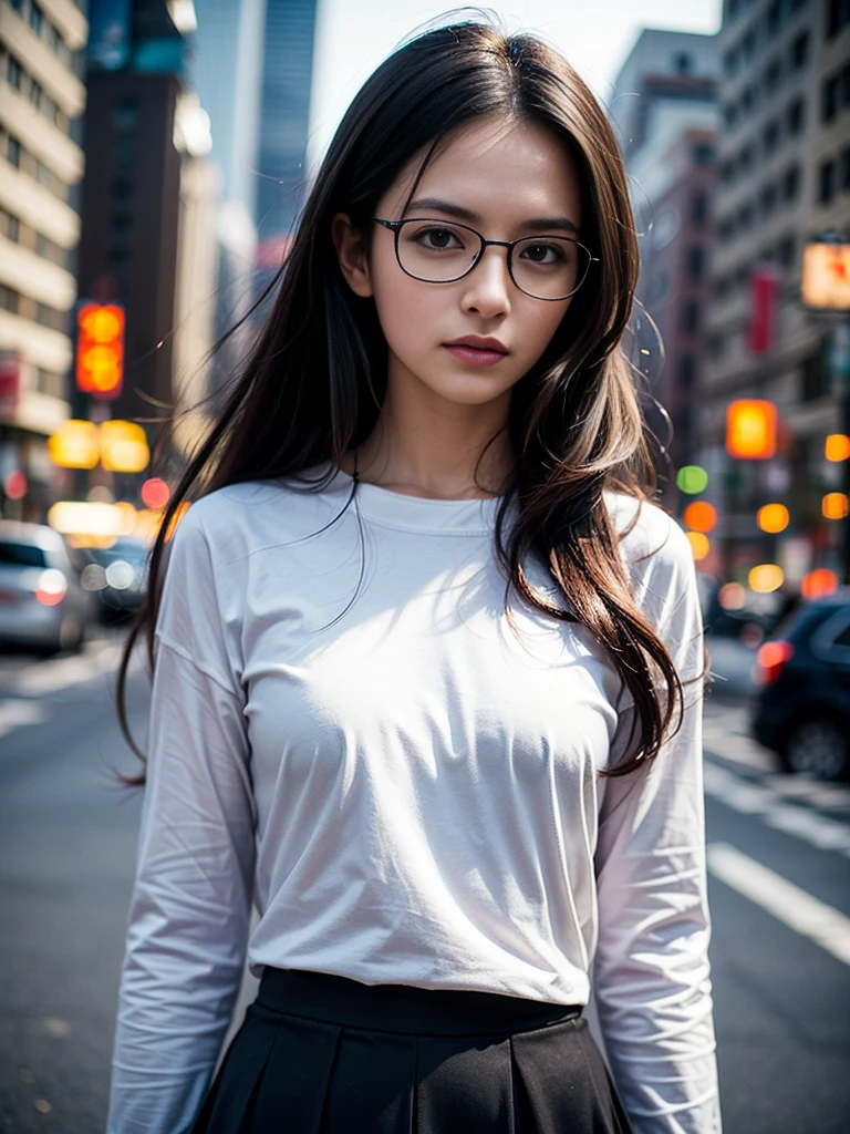 Photo of a beautiful woman standing on a street corner, (masterpiece:1.2, highest quality), (Realistic, photoRealistic:1.4), Beautiful illustrations, (Natural Side Lighting, Cinema Lighting), Written boundary depth, Beautiful thighs staring at the viewer, (((Face Focus, Upper Body))), 1 female, 30-year-old, alone, thin, slender, small breasts!!!, Loose curly hair, Bedhead, Forehead, thin, slender, (((glasses))), long sleeve T-shirt, Skinny skirt, Are standing, New York 25th Street, portrait