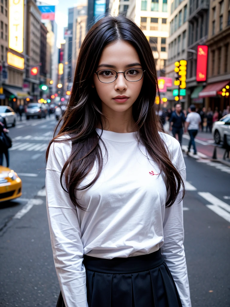 Photo of a beautiful woman standing on a street corner, (masterpiece:1.2, highest quality), (Realistic, photoRealistic:1.4), Beautiful illustrations, (Natural Side Lighting, Cinema Lighting), Written boundary depth, Beautiful thighs staring at the viewer, (((Face Focus, Upper Body))), 1 female, 30-year-old, alone, thin, slender, small breasts!!!, Loose curly hair, Bedhead, Forehead, thin, slender, (((glasses))), long sleeve T-shirt, Skinny skirt, Are standing, New York 25th Street, portrait