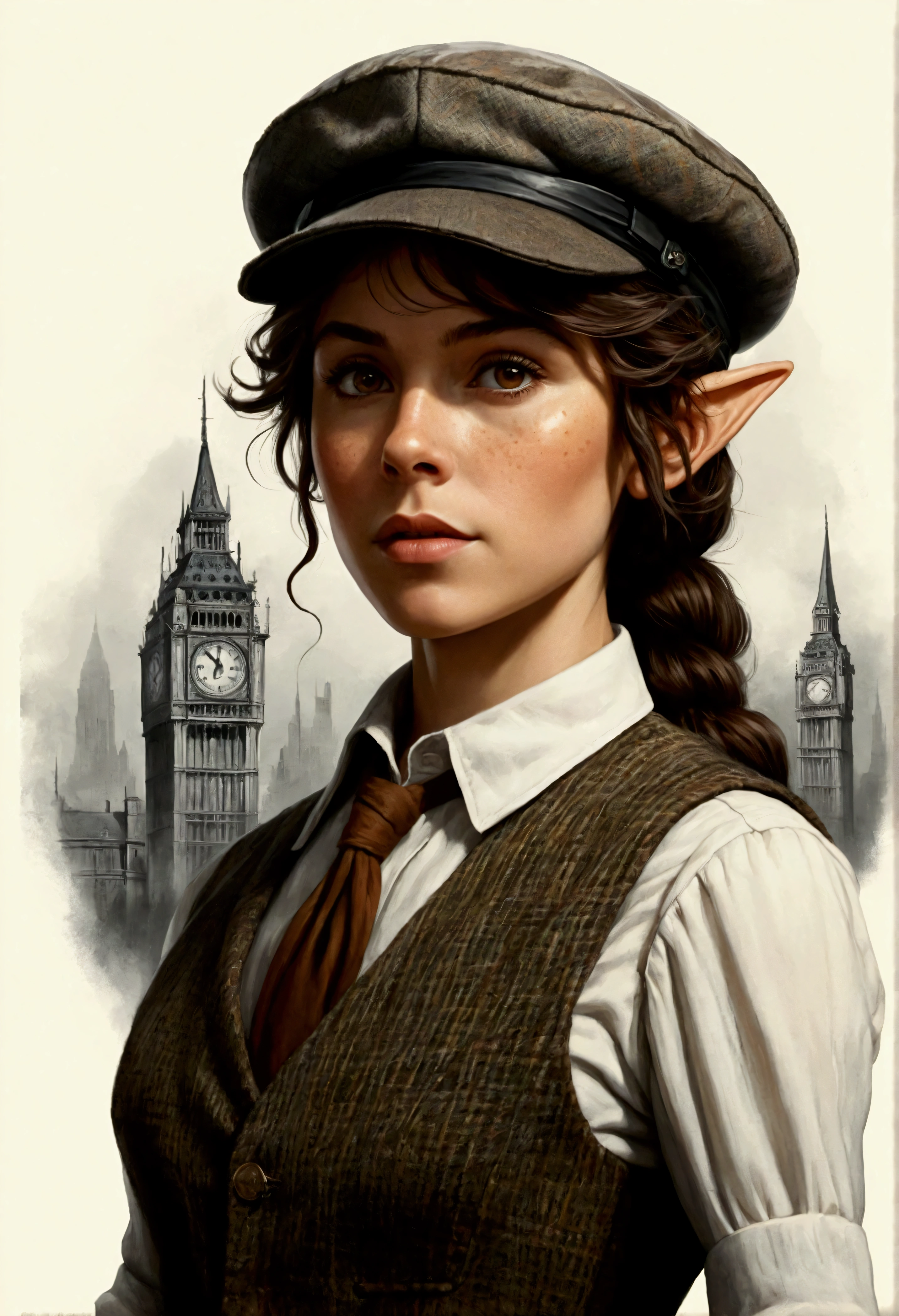 An illustrated movie poster, hand-drawn, full color, an elven maiden, wearing a tweed vest and a newsie cap, tall, toned, amazonian stature, athletic hourglass figure, long pointy elf ears, amber eyes, dark hair, shaggy bob cut, deep sun-tanned skintone, freckles, standing on a foggy Victorian-era street corner, graphite shading, stencil marks, airbrushed acrylic paint, masterpiece, in the style of Sherlock Holmes, elf ears