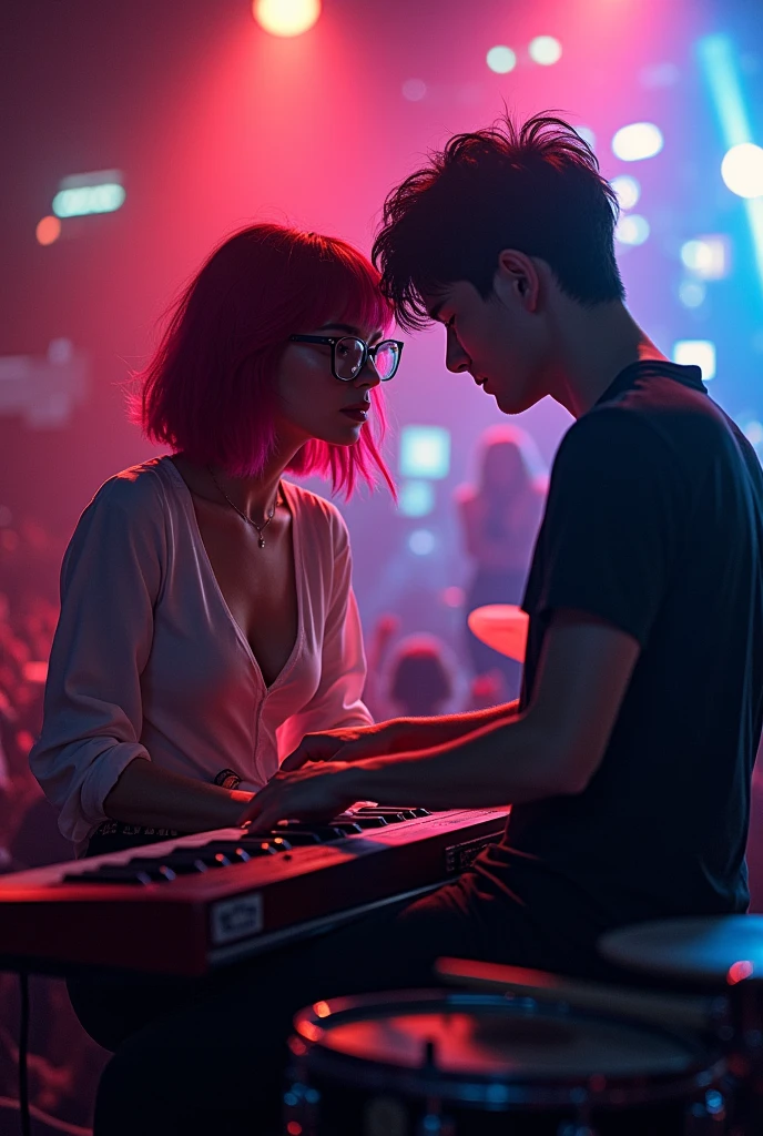 a red-haired female keyboardist with glasses and a dark-haired male drummer dating