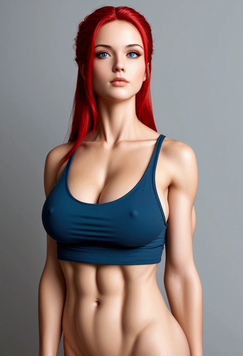 perfect naked woman artwork, ((highest quality, 8k, masterpiece :1.3)), One girl, Beautiful woman with slim abdominal muscles :1.3, (Random Hairstyles :1.2), Oversized tank top :1.2, Highly detailed face, Fine grain, double eyelid, Underarm.Miss, Large Breasts, Red hair, blue eyes, totally naked, Small chin