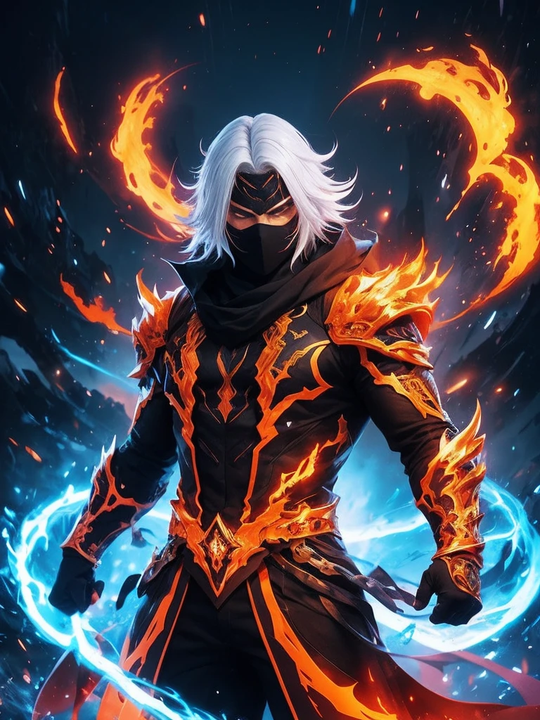 A character with an imposing and energetic appearance, wrapped in intense flames of vibrant colors ranging from orange to purple, creating a feeling of overwhelming power. His hair is white and messy, contrasting with a black mask covering his eyes, giving it an enigmatic and dangerous air. The character wears a dark tunic tied with a ribbon., while his body seems to emanate a fiery energy that distorts into chaotic patterns around him. The lines of fire and energy blend with your figure, highlighting his control over immense forces. The art style is colorful and dynamic, with thick strokes and fluid movements that convey a sense of action and supernatural power