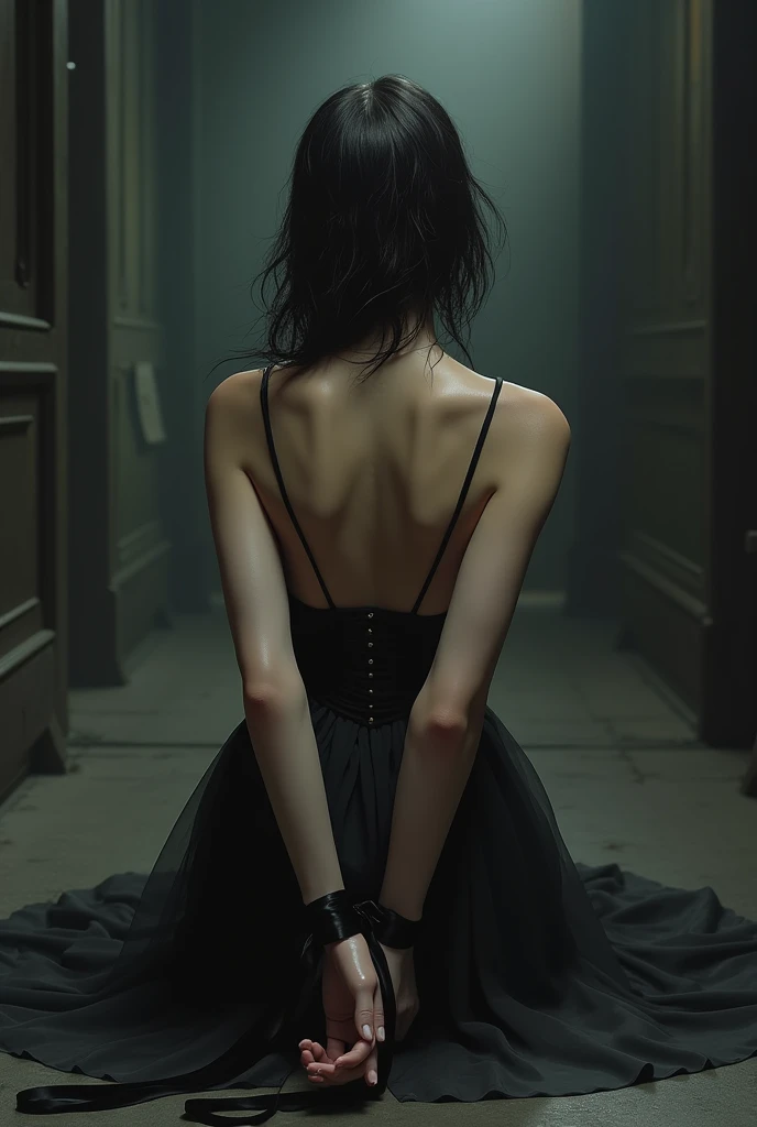 A princess on her knees, tied her hands behind her back with a black satin ribbon, and gagged with ther black satin ribbon.