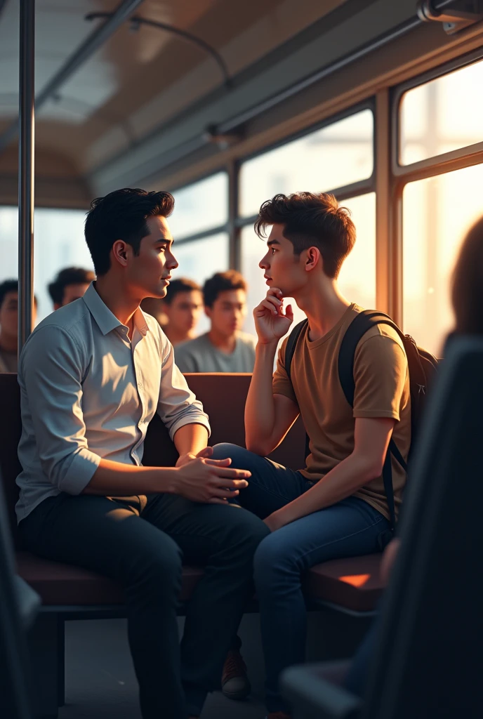 Adult office worker and male student talking side by side on the bus