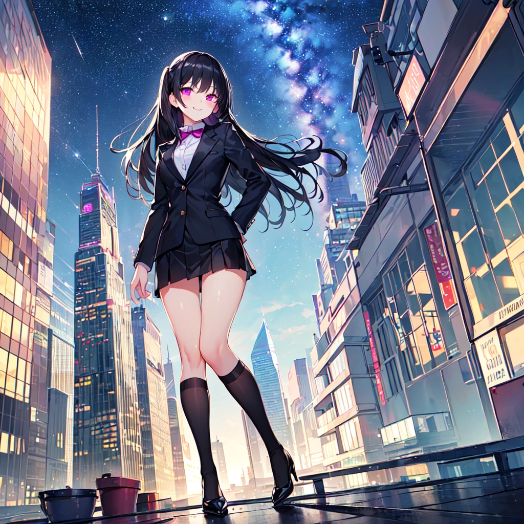 masterpiece, best quality, high quality, extremely detailed, very delicate and beautiful, (1 female 1 solo:1.5), (two side up long black hair:1.5), bangs to eyebrows, eyes sharp and bright (eye color magenta:1.3), 6.5 head height, (office lady in black suit and tight mini skirt:1.3), (knee socks), (lace), (standing), (dynamic pose), (smiling), (background skyscraper rooftop:1.3), (Milky Way Night Sky:1.3)