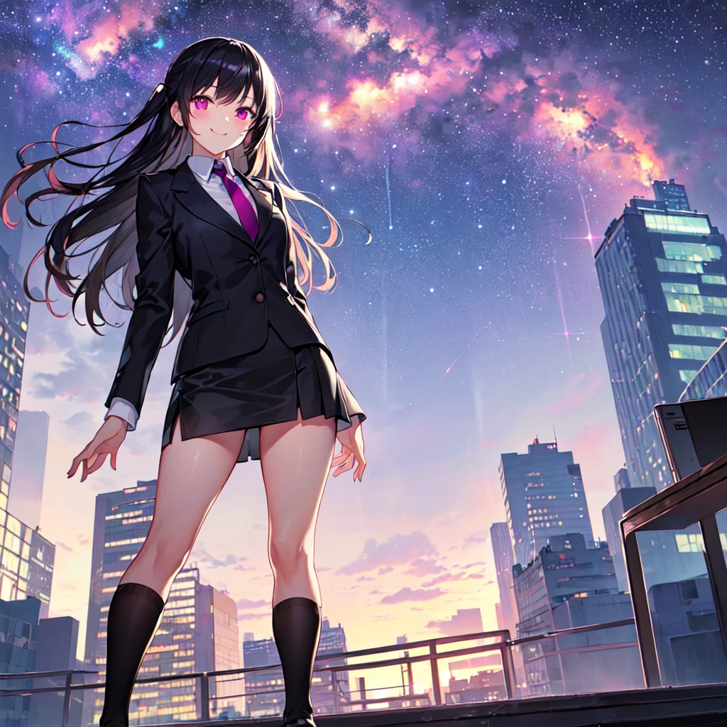 masterpiece, best quality, high quality, extremely detailed, very delicate and beautiful, (1 female 1 solo:1.5), (two side up long black hair:1.5), bangs to eyebrows, eyes sharp and bright (eye color magenta:1.3), 6.5 head height, (office lady in black suit and tight mini skirt:1.3), (knee socks), (lace), (standing), (dynamic pose), (smiling), (background skyscraper rooftop:1.3), (Milky Way Night Sky:1.3)