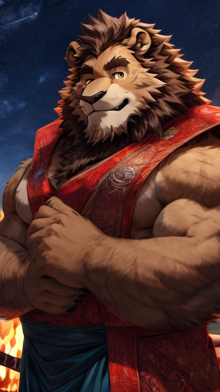 anime style, aid210, nj5furry, ((whole body)), ((priest)), ((plump middle-aged lion man)), BREAK ((brown eyes)), one eye closed, beautiful beard, beautiful ears, (male face:1.3), (big face:0.5), square jawline, (Male Eyes:1.2), (sharp eyes:0.8), (big eyes:0.5), male eyebrows, (innocent look:0.5), (beautiful black nails down to the last detail:1.2), BREAK (complete Anatomy), (detailed face:1.3), beautiful face, (detailed body), (beautiful hands:1.2), (detailed fingers:1.2), (detailed eyes:1.1), (beautiful Eyes:1.1), arm details, Leg Details, beautiful feet, BREAK Muscular anthlo, body hair, ((hairy skin)), fluffy, (detailed brown nipples:0.8), (blood vessel:-0.8), (glowing Skin:-0.7), (chest hair:0.5), (1 tail), (a beautiful and detailed small tail), BREAK night sky, outdoor, ultra detailed, highest quality, ultra-high resolution, realistic, 16K, masterpiece, beautiful detailed, perfect solution, absurdists, (faint light),