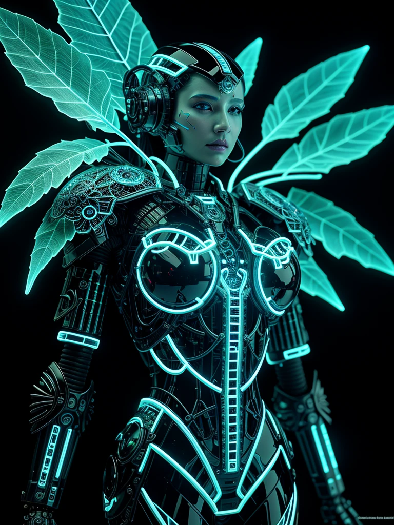 Norther Robot, complex 3d render Very detailed of a beautiful death angel, Biomechanical Glass Skin Cyborg, analog, 150mm lens, Beautiful bioluminescence, Large leaves and stems, root, High quality leaf lace, Colorful details, warrior, Boris Bijan Saberi&#39;Costume, Pearl Earrings, Drill, Salvador Dali&#39;s embroidered fashion, Intricate details, wire mesh, Fractal Mandelbrot, anatomy, Facial muscles, wire, Microchip, This bastard!, Too realistic, Very detailed, Octane Rendering,  Volumetric lighting, post production 8k, red, White and a little black, Exquisite metal bones, Half-human, Rainbow colors, Neon Cloud. salvador dali style, White Room, God&#39;s Power, Take photos from a high angle, Complex body poses
