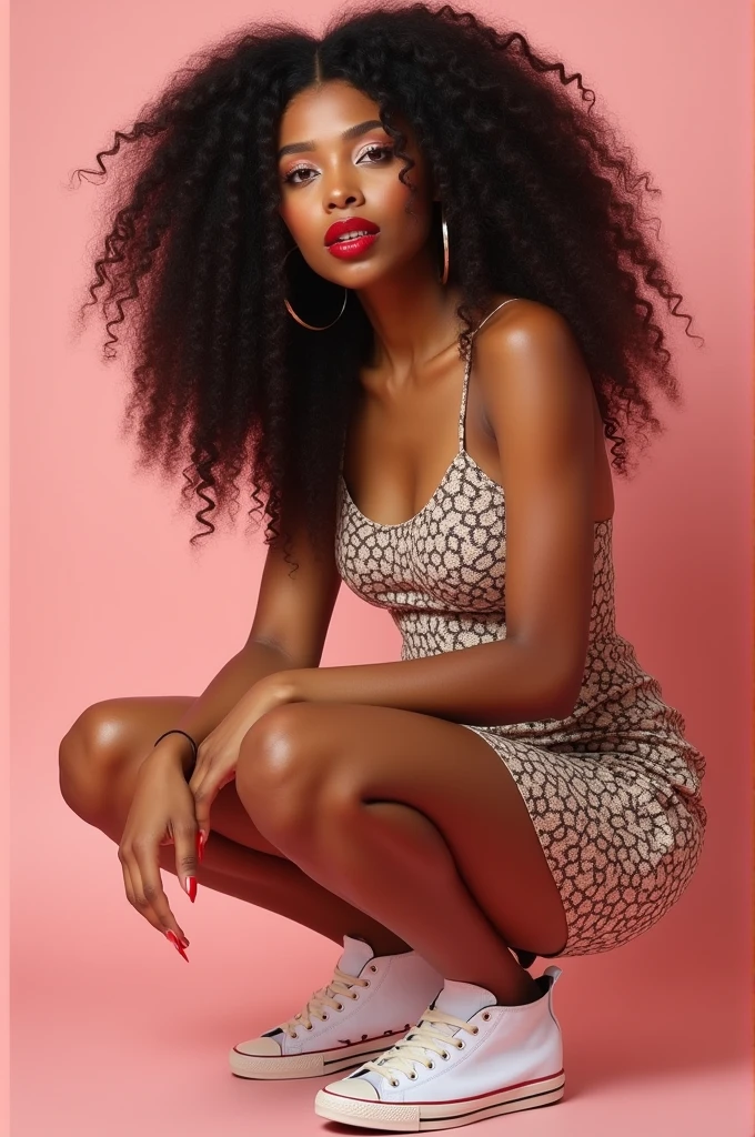 One with very red lipstick on her mouth wearing a Shein dress with curly hair and All Star shoes