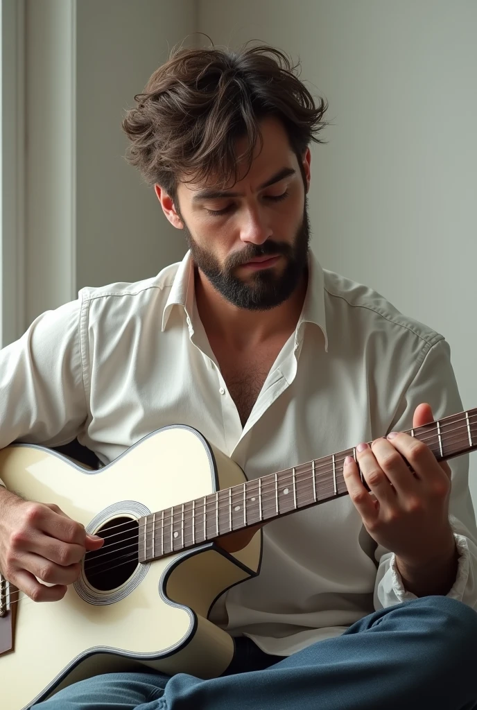 new man, full face,  little beard, disheveled hair, sitting in the room with white guitar Maximum realistic image