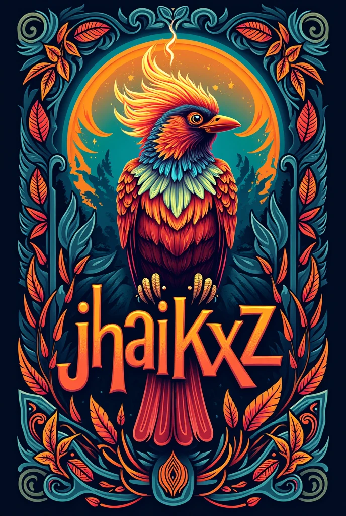Flaming paradise drongo bird on top of the name JHAIKXZ XIV with maori designs in the background