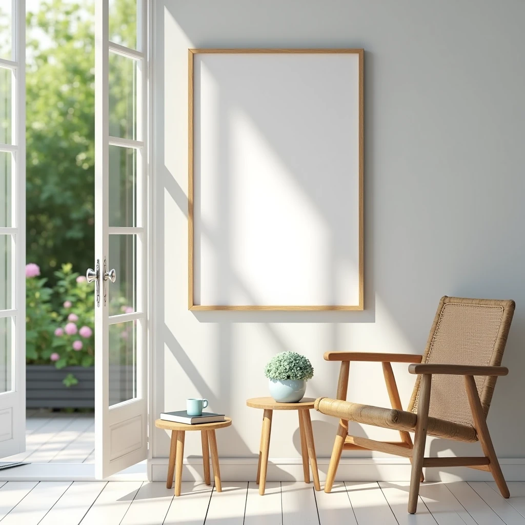 A hyper-realistic HDR scene of a bright and airy interior space with a view of a lush, green garden through open glass doors. The focus is on a single vertical DIN A frame with a blank canvas (no design) and a natural wooden border, hanging on a light gray wall. Below the frame, there is a wooden chair with a woven seat, on top of which rests a closed book and a blue coffee cup. A small wooden table with a potted plant featuring blooming hydrangeas is placed near the open doors, allowing natural light to flood the room. The overall atmosphere is calm, inviting, and perfect for showcasing the blank frame in a serene home decor setting