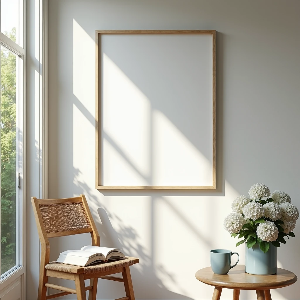 A hyper-realistic HDR scene of a bright and airy interior space with a view of a lush, green garden through open glass doors. The focus is on a single vertical DIN A frame with a blank canvas (no design) and a natural wooden border, hanging on a light gray wall. Below the frame, there is a wooden chair with a woven seat, on top of which rests a closed book and a blue coffee cup. A small wooden table with a potted plant featuring blooming hydrangeas is placed near the open doors, allowing natural light to flood the room. The overall atmosphere is calm, inviting, and perfect for showcasing the blank frame in a serene home decor setting