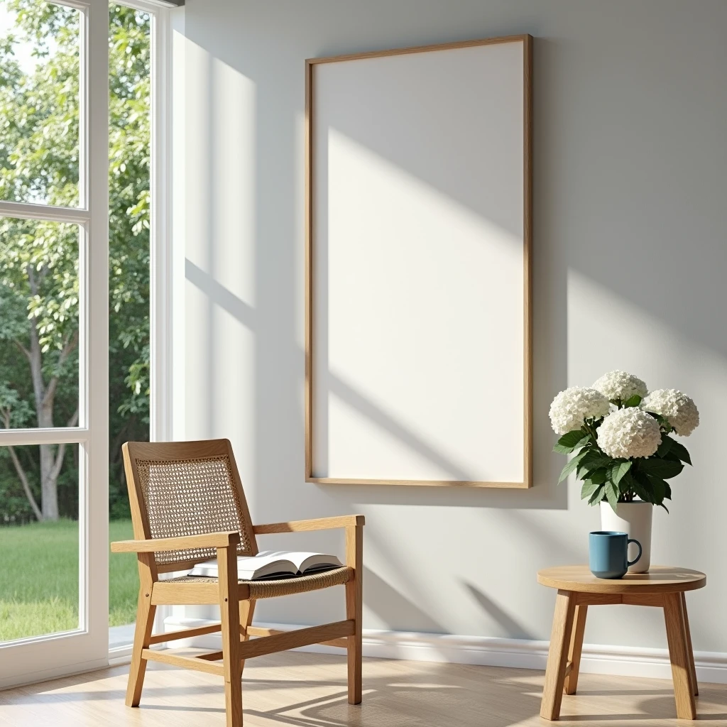 A hyper-realistic HDR scene of a bright and airy interior space with a view of a lush, green garden through open glass doors. The focus is on a single vertical DIN A frame with a blank canvas (no design) and a natural wooden border, hanging on a light gray wall. Below the frame, there is a wooden chair with a woven seat, on top of which rests a closed book and a blue coffee cup. A small wooden table with a potted plant featuring blooming hydrangeas is placed near the open doors, allowing natural light to flood the room. The overall atmosphere is calm, inviting, and perfect for showcasing the blank frame in a serene home decor setting