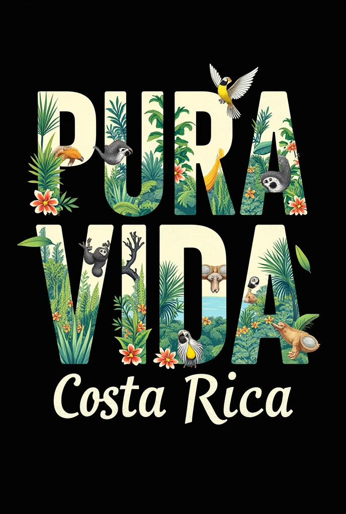 Image to print a shirt that says PURA VIDA but the background of the letter is representative animals of Costa Rica and below in a thinner and smaller letter that says Costa Rica( Landscapes and animals must be within the letters that say pure life, They cannot protrude or go beyond the edges of the letters and they have to be real.)
And I need the background of the image to be black